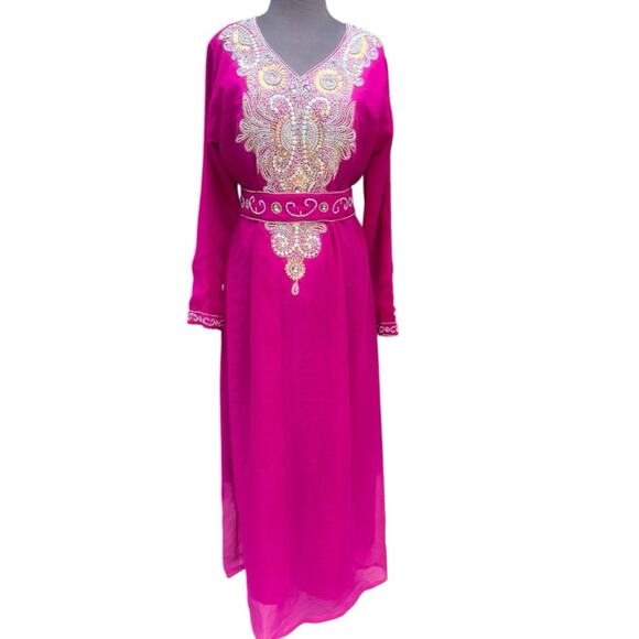 Pink Zari Embroidered Belted Beaded Glam Kaftan Maxi Dress NWT XL Romantic - Picture 1 of 6